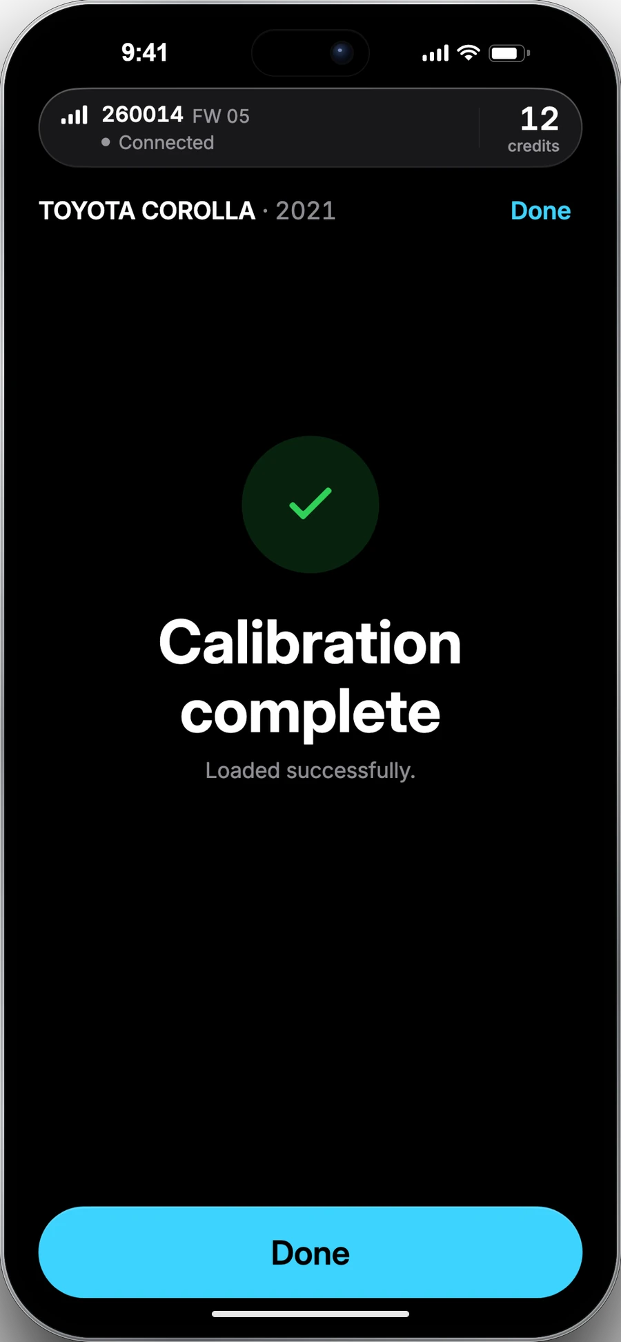 Application SConnect affichant un étalonnage terminé
