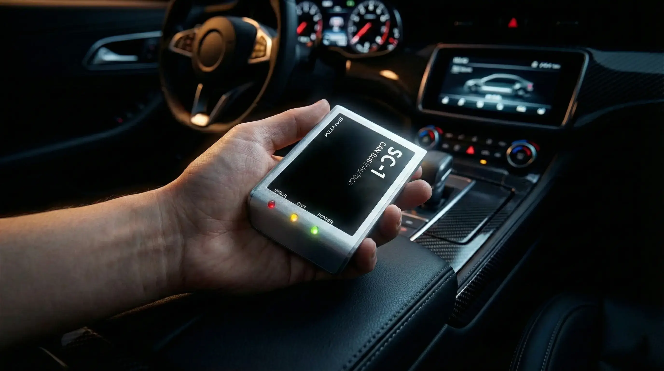 Santim SC-1 held in a technician's hand inside a vehicle cabin